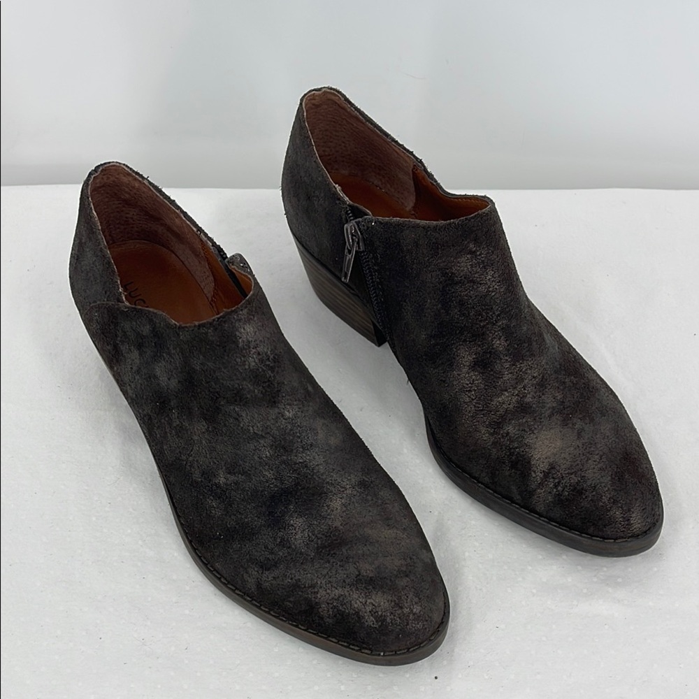 LUCKY BRAND WOMENS SIZE 8 BROWN MARBLED LEATHER BOOTIE